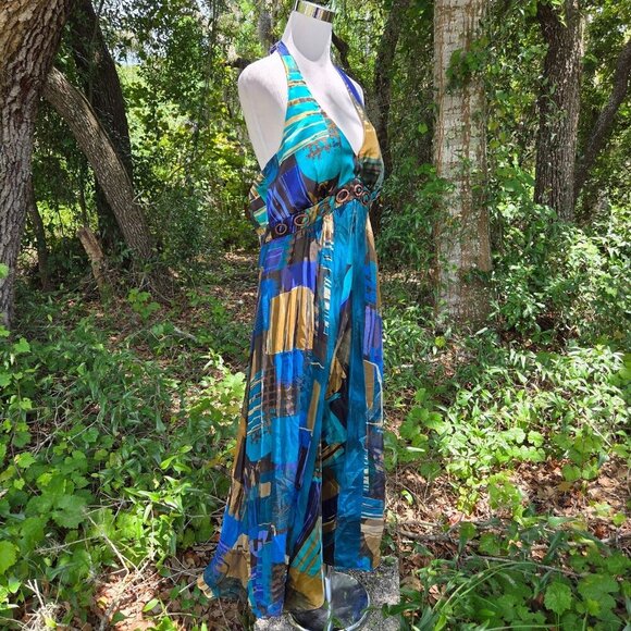 Y2k Robbie Bee womens silk babydoll Dress 14 Blue Fairycore Whimsy Halter prom - Picture 9 of 10